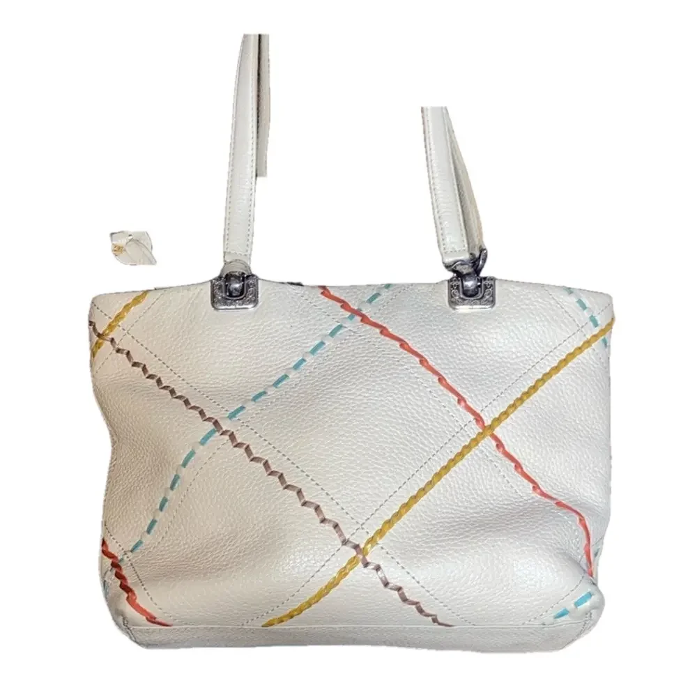 Brighton Purse Beige Leather Tote Double Strap Colorful Stitching - Picture 3 of 7